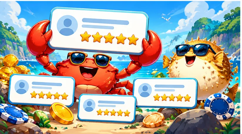 Crab and pufferfish mascots holding five-star WagerWhale review cards