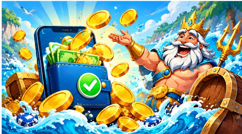 Sea king with a trident beside a wallet overflowing with gold coins and an approved tick